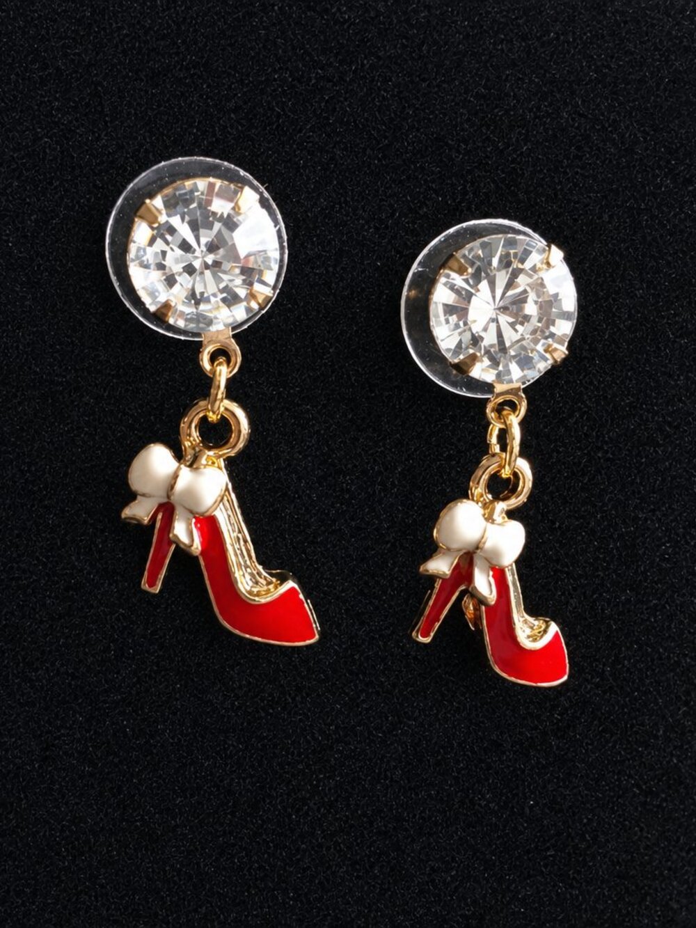 High Heel Rhinestone Dangle Earrings with Red Shoe & Flower Charms